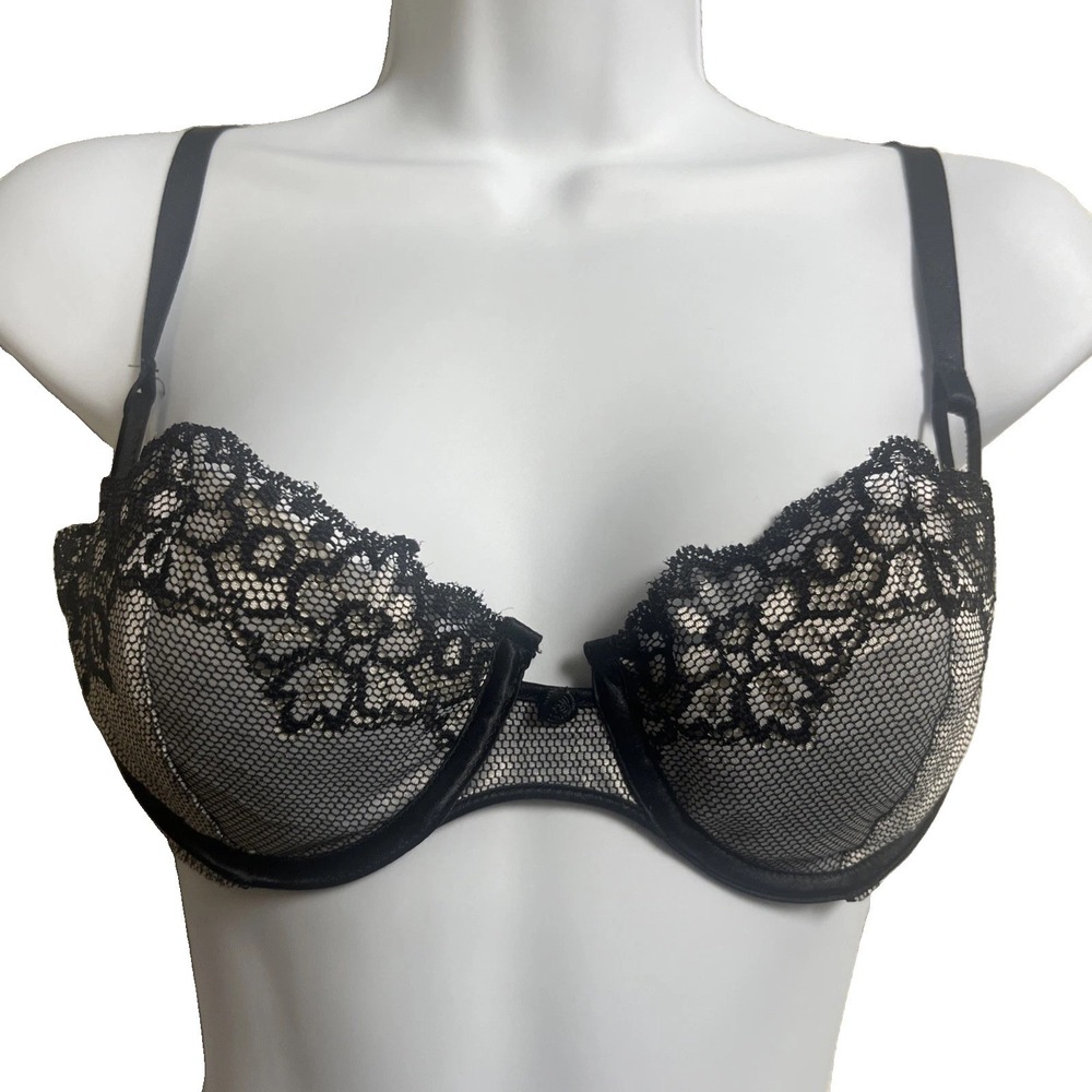 Wonderbra 7608 34B Silver Push Up Bra Black Lace Overlay Underwire Floral
